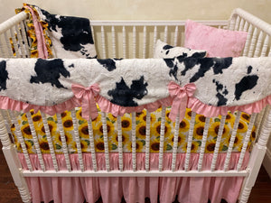 Girl Baby Bedding, Sunflower and Cow Minky with Pink Crib Bedding