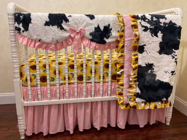 Girl Baby Bedding Sunflower and Cow Minky with Pink Crib Bedding