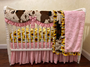 Girl Crib Bedding, Sunflower and Cowhide Minky with Pink Crib Bedding