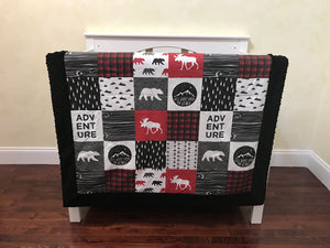Moose and Bears Woodland Crib Bedding Set - Boy Baby Bedding, Red and Black Plaid, Black Arrows