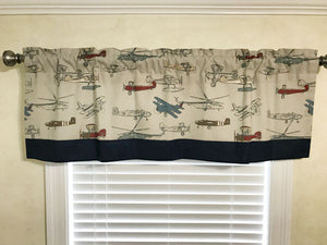Window Valance - Vintage Airplanes with Navy