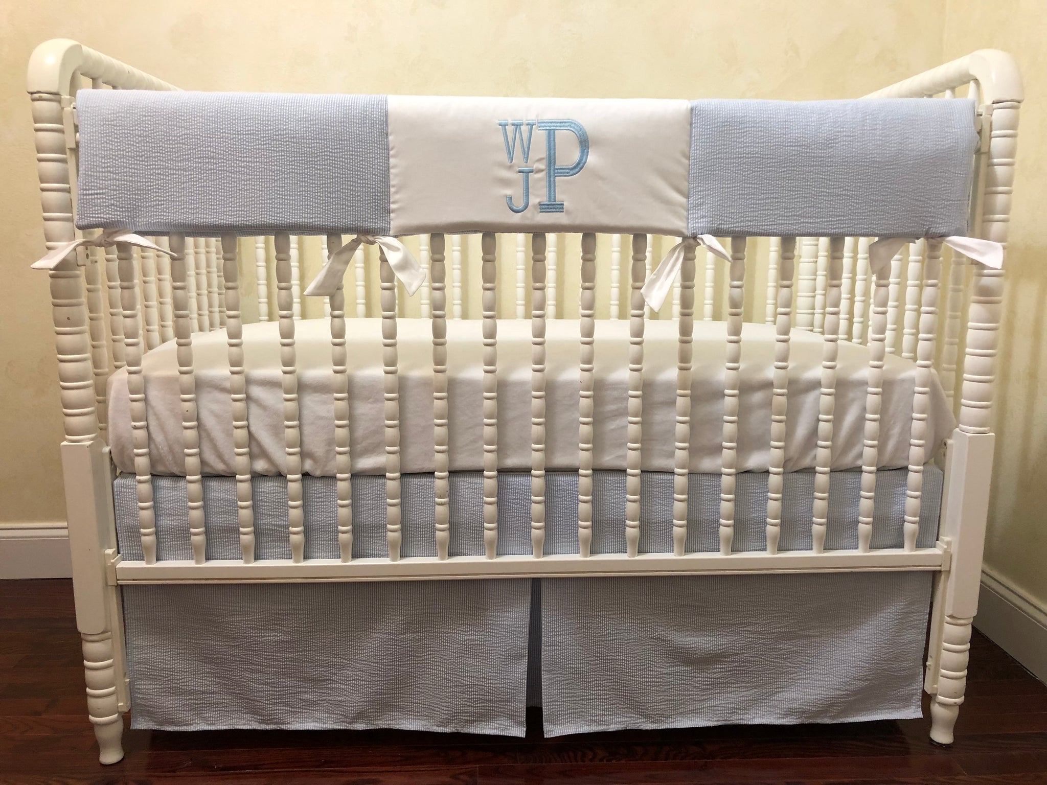 Light Blue Seersucker Crib Bedding, Baby Boy Crib Bedding, Crib Rail Cover