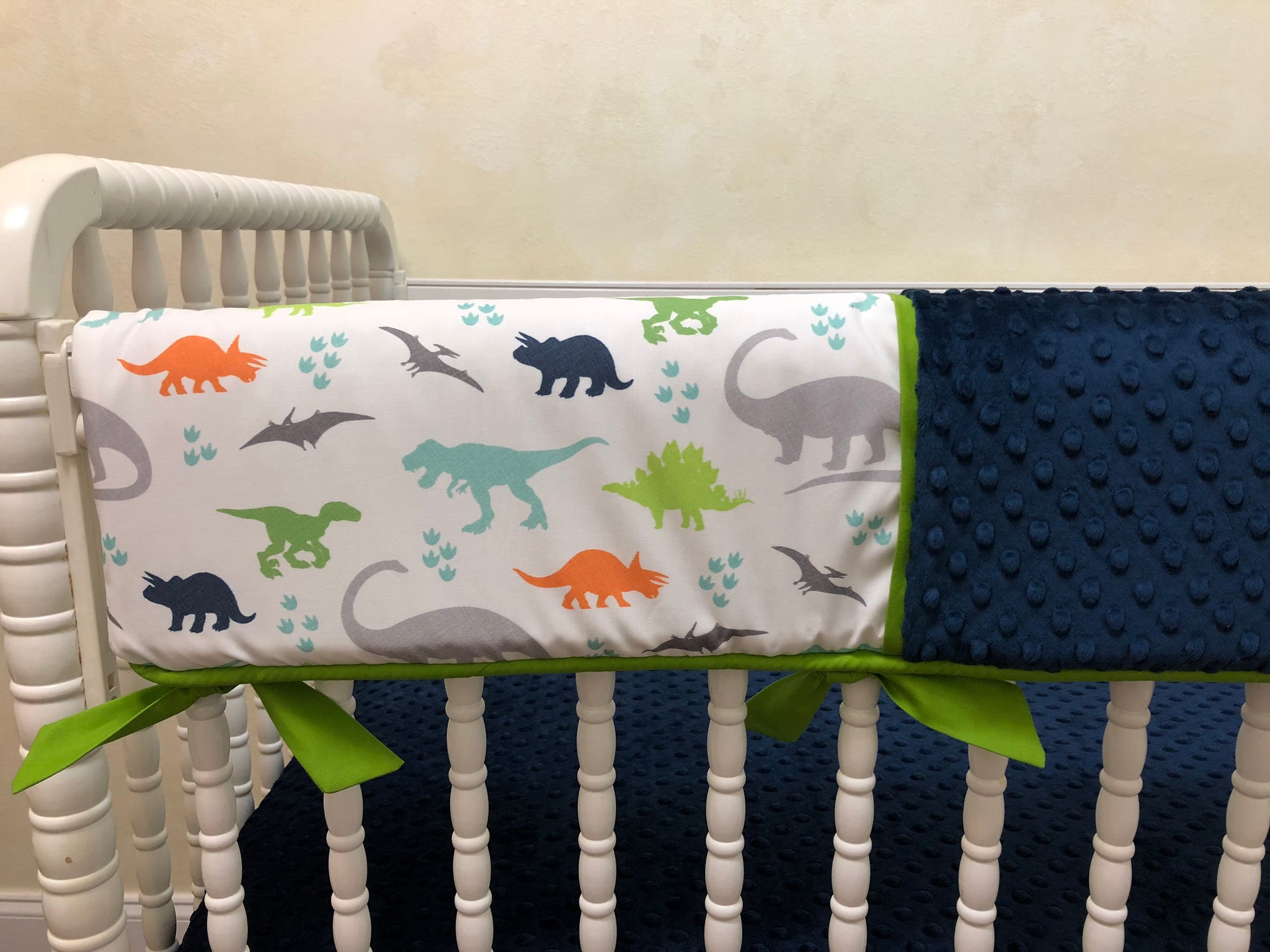 Baby Boy Dinosaur Crib Bedding with Navy Blue and Lime Green