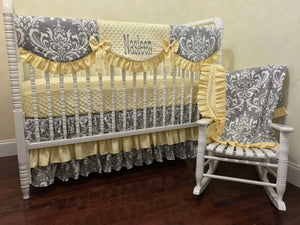 Gray Damask and Light Yellow Girl Baby Bedding Set Nasleen - Girl Crib Bedding, Crib Rail Cover with Ruffled Skirt