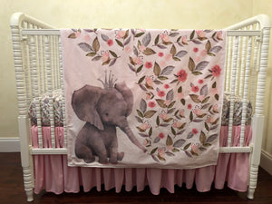 Baby Girl Floral Elephant Crib Bedding- Girl Elephant Baby Bedding in Light Pink and Gray