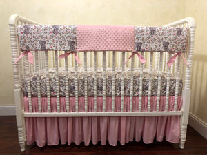 Baby Girl Floral Elephant Crib Bedding- Girl Elephant Baby Bedding in Light Pink and Gray