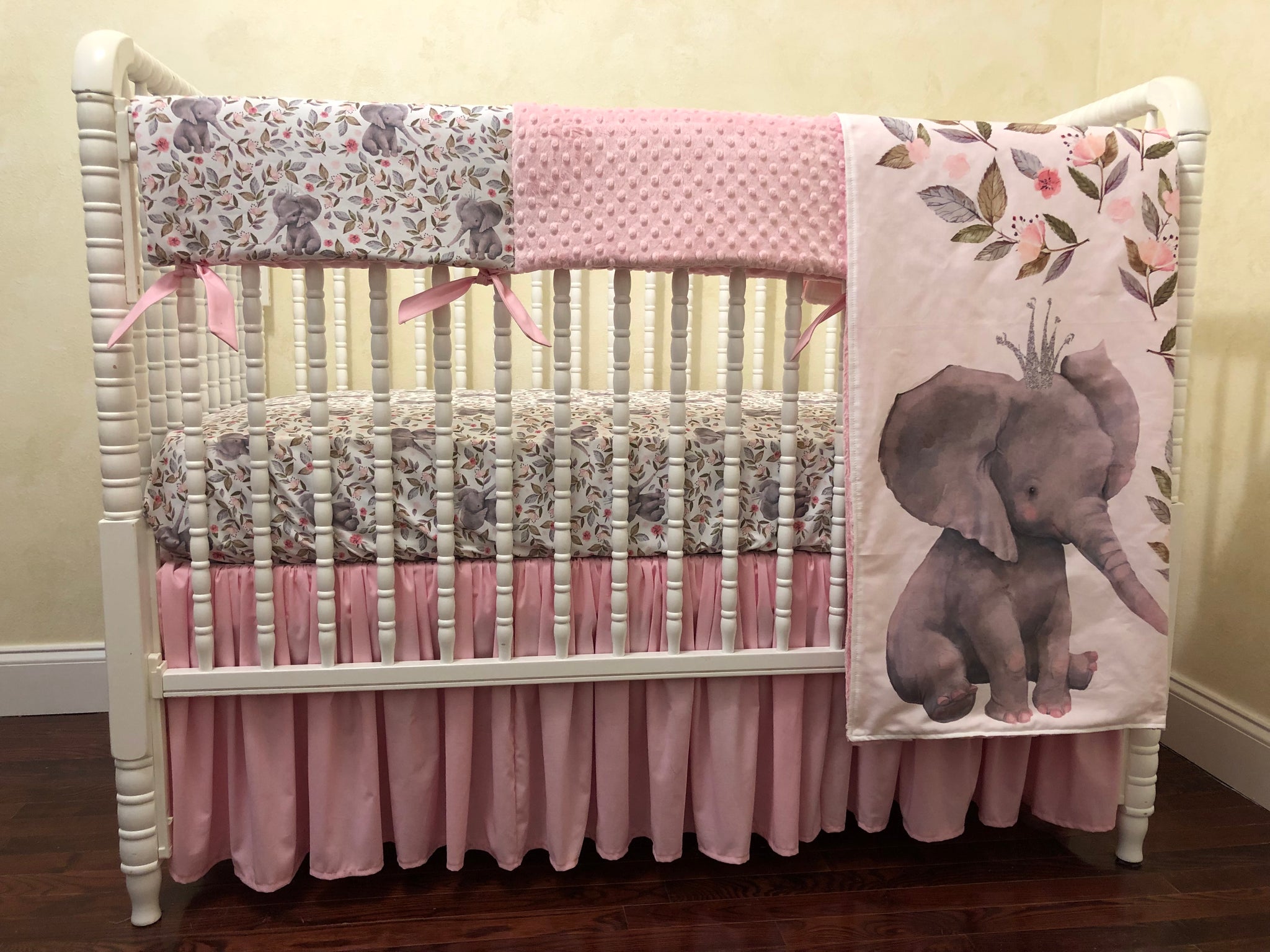 Baby Girl Floral Elephant Crib Bedding- Girl Elephant Baby Bedding in Light Pink and Gray
