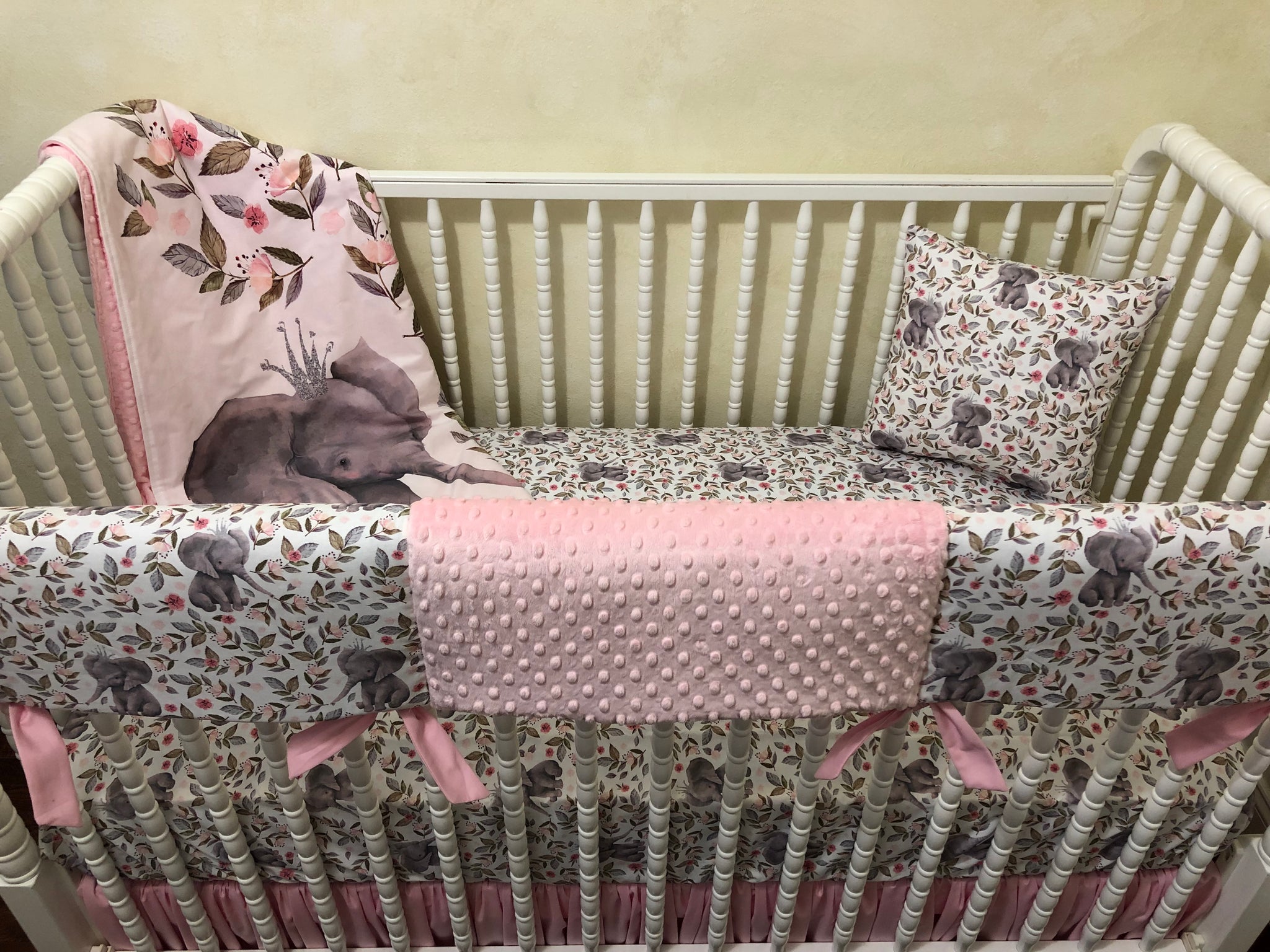 Baby Girl Floral Elephant Crib Bedding- Girl Elephant Baby Bedding in Light Pink and Gray