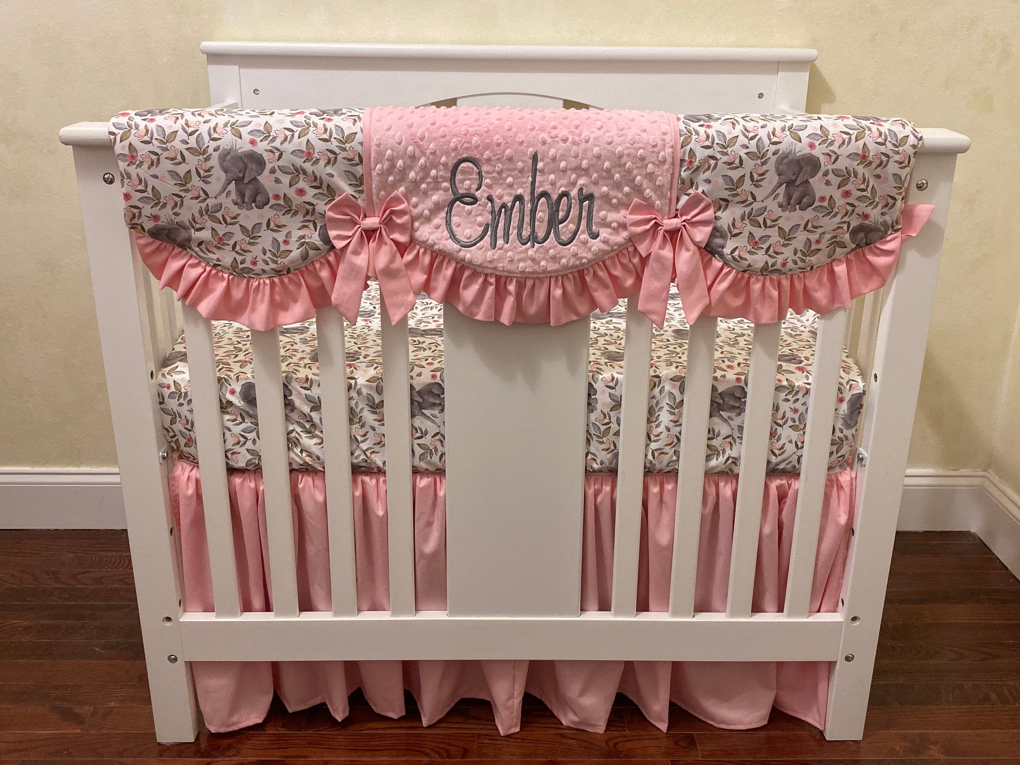 Pink Elephant Mini Crib Bedding Set - Girl Baby Bedding, Girl Mini Crib Bedding