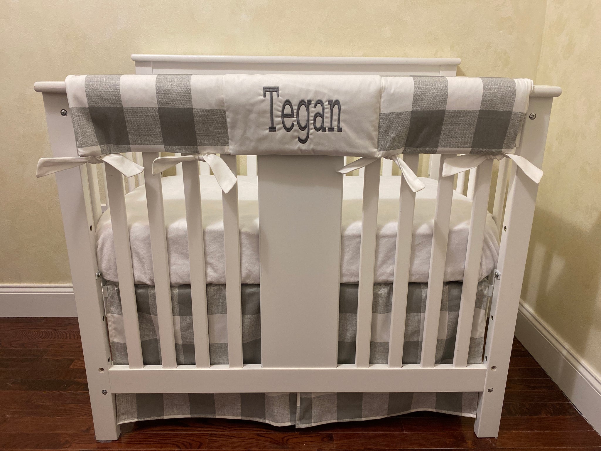 Gray Buffalo Plaid Mini Crib Bedding - Boy Mini Crib Bedding