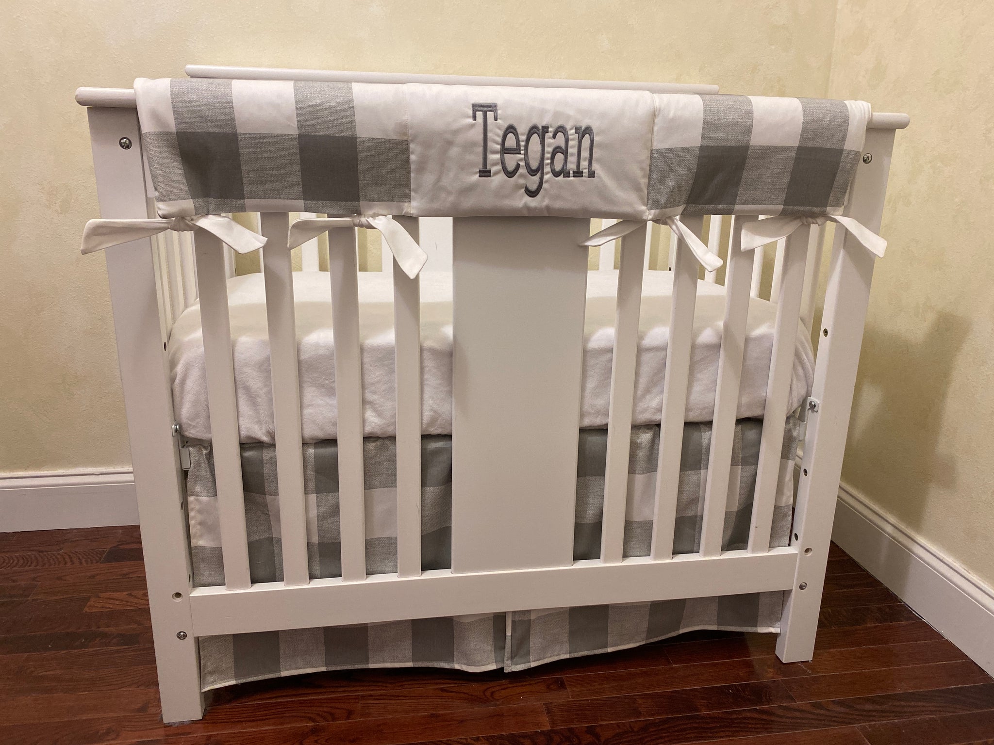 Gray Buffalo Plaid Mini Crib Bedding - Boy Mini Crib Bedding