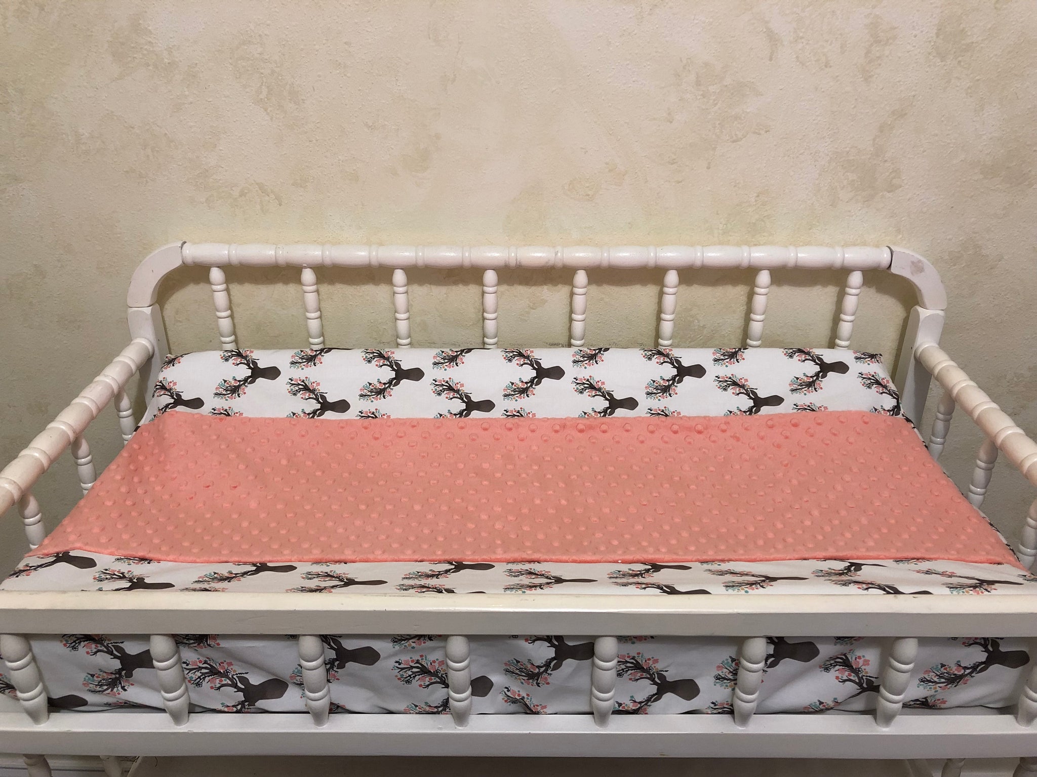 Changing Pad Cover - Floral Deer with Coral or Aqua Minky