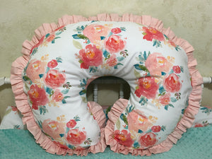 Coral, Light Pink, and Mint Floral Nursing Pillow Cover with Ruffle