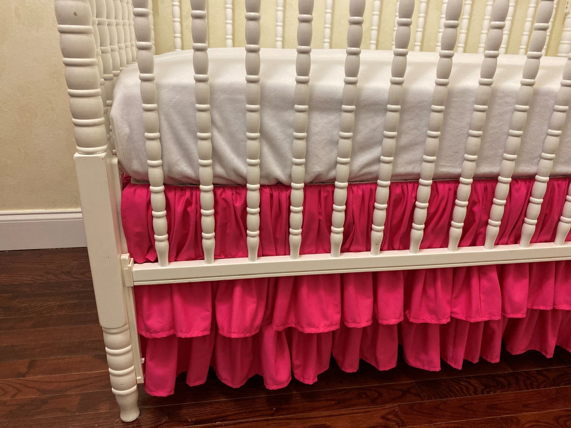 White and Hot Pink Baby Girl Bedding, Girl Crib Bedding, Crib Rail Cover with Ruffled Skirt