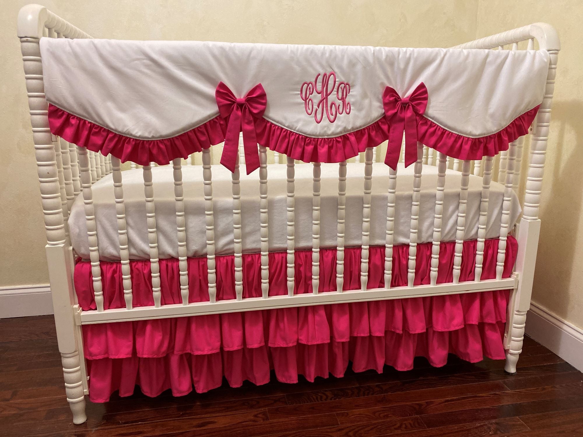 White and Hot Pink Baby Girl Bedding, Girl Crib Bedding, Crib Rail Cover with Ruffled Skirt