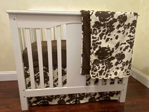 Cow Hide Mini Crib Bedding, Baby Boy Mini Crib Bedding in Brown and Cream