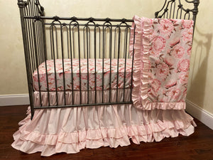 Pale Pink and Floral Girl Crib Bedding, Crib Rail Cover, Floral Sheet, Floral Blanket