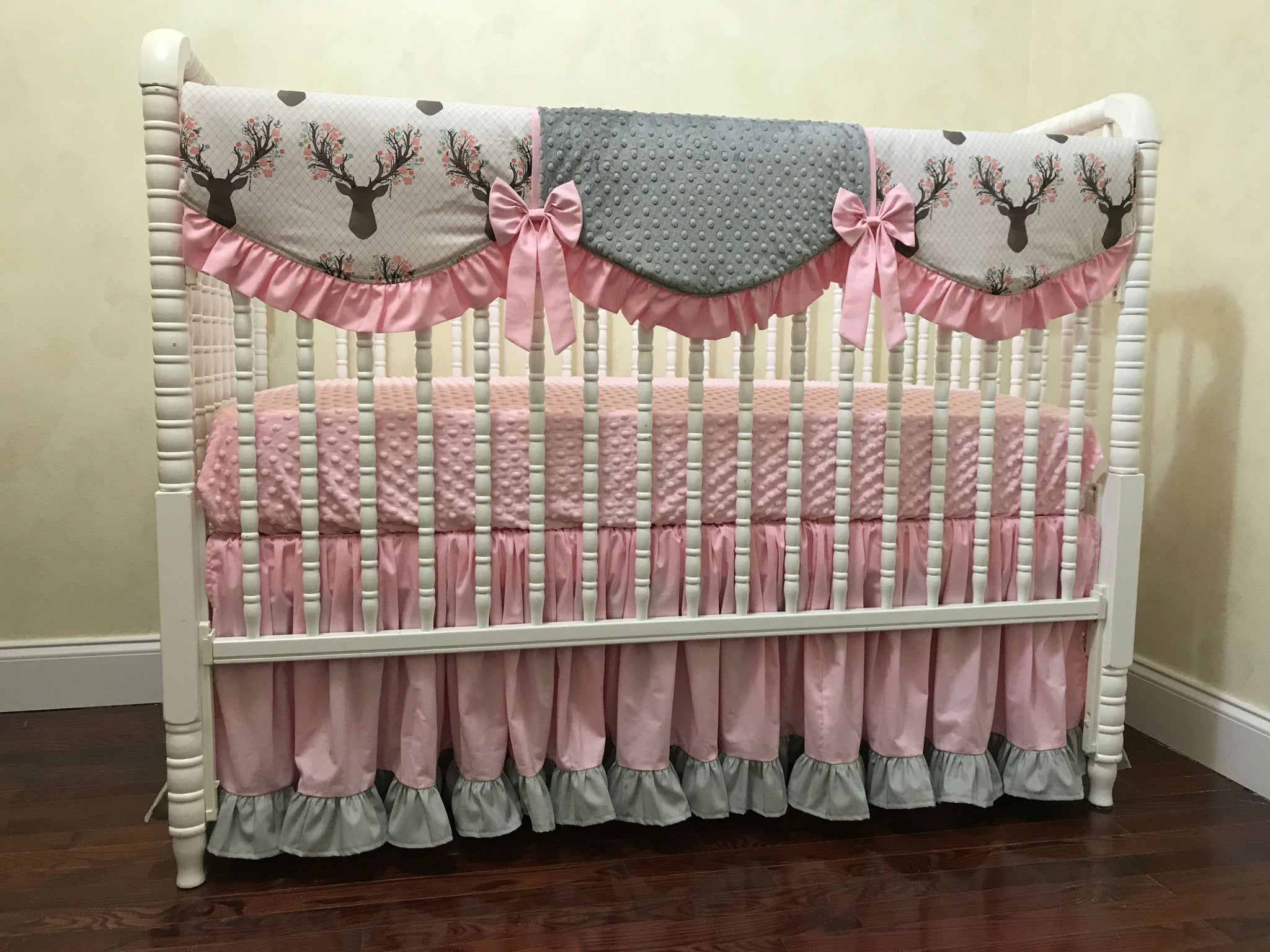 Woodland Girl Crib Bedding, Girl Deer Baby Bedding, Pink and Gray Woodland Baby Bedding