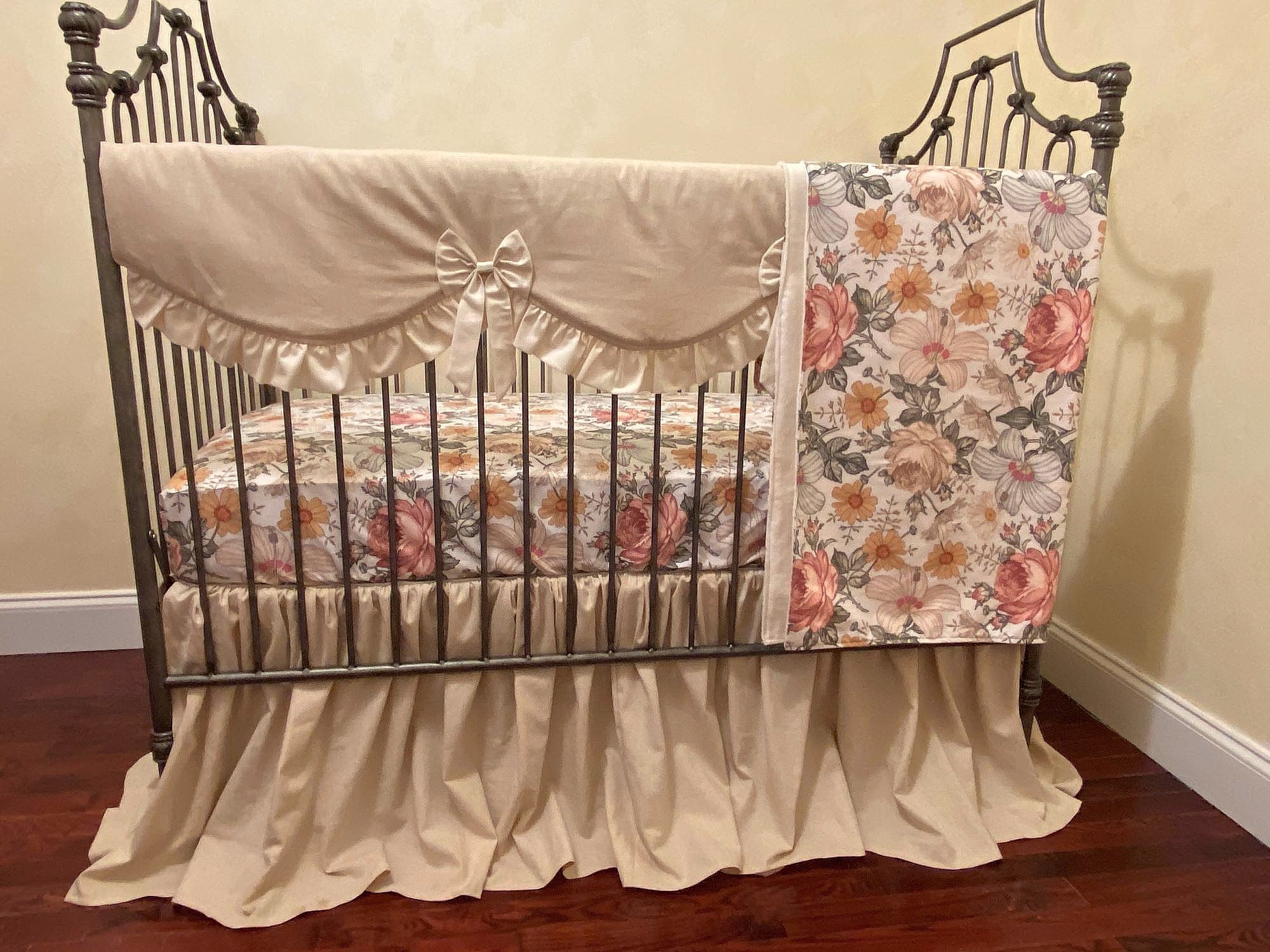 Linen Crib Bedding with Vintage Floral, Girl Crib Bedding, Crib Rail Cover