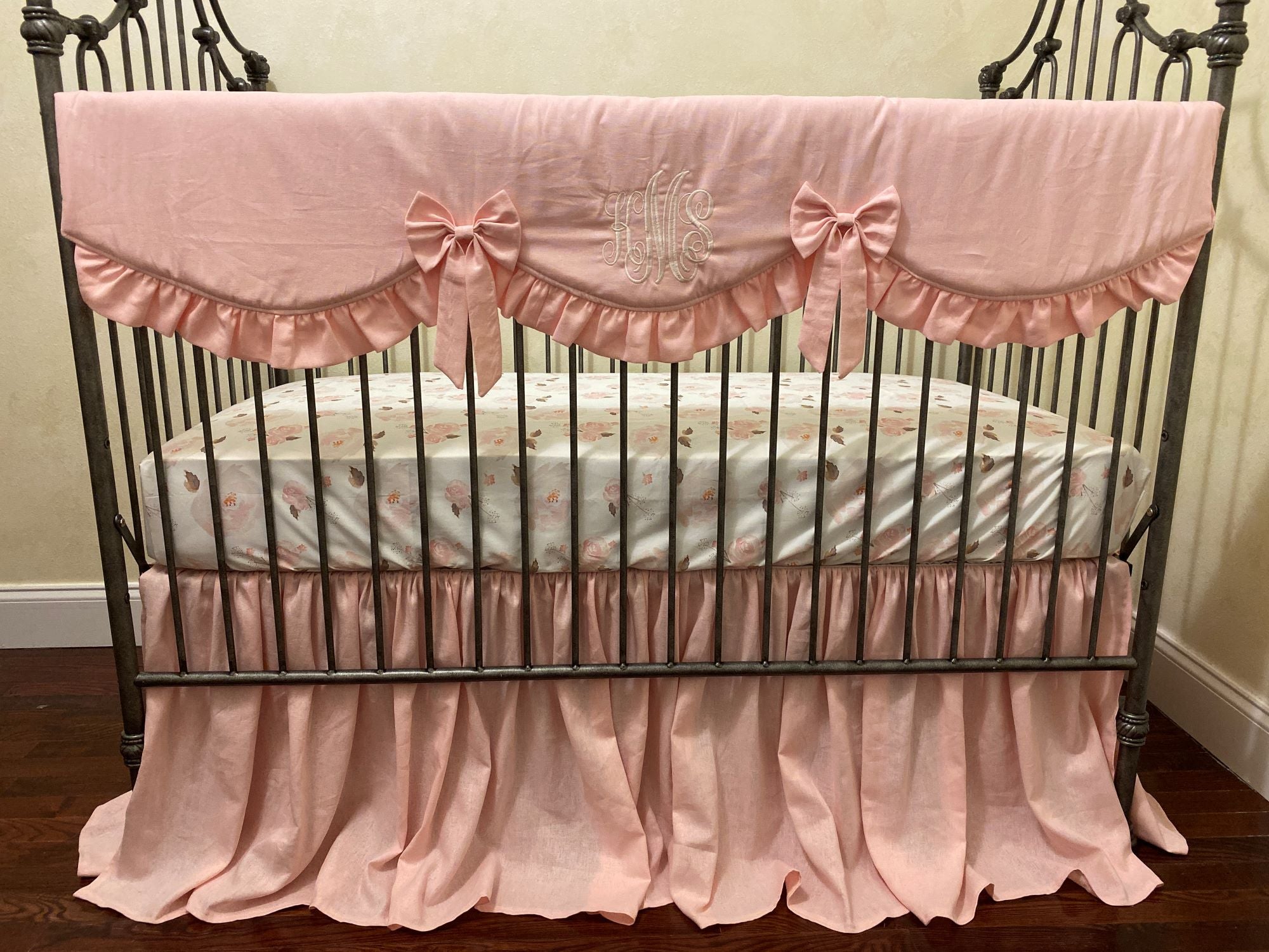 Blush Pink Linen Crib Bedding - Girl Baby Bedding, Crib Rail Cover, Linen Crib Skirt