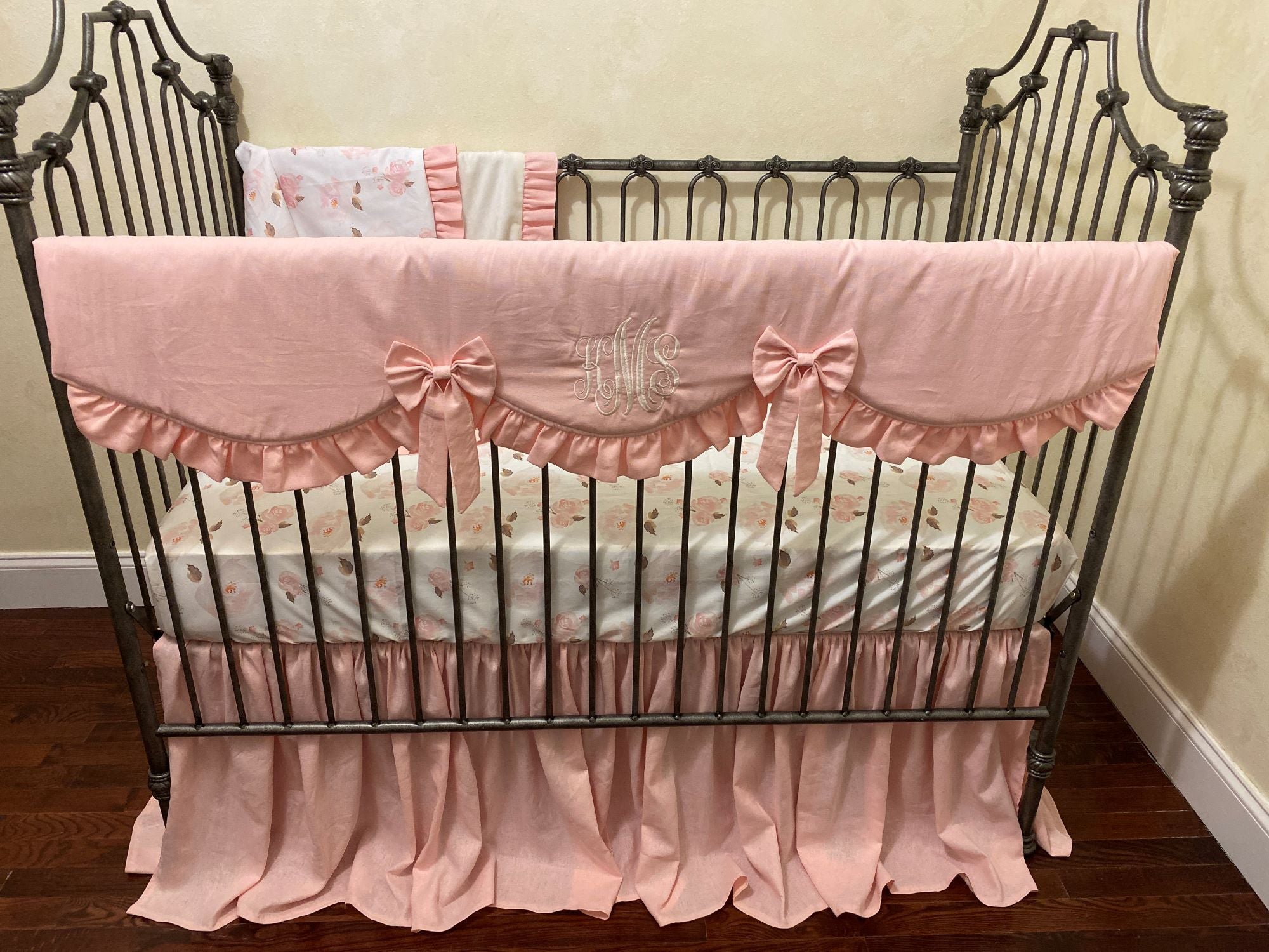 Blush Pink Linen Crib Bedding - Girl Baby Bedding, Crib Rail Cover, Linen Crib Skirt