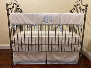 White with Light Blue Baby Bedding - Baby Boy Crib Bedding, Crib Rail Cover