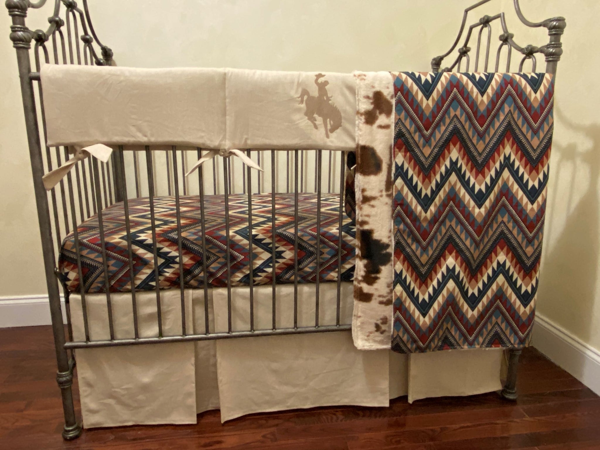 Western Crib Bedding, Boy Baby Bedding, Natural Linen, Bucking Bronco