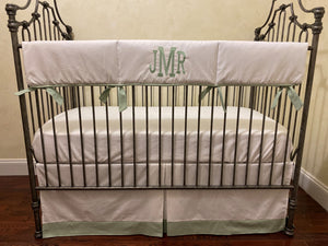 White with Seafoam Green Baby Bedding - Baby Boy Crib Bedding, Crib Rail Cover