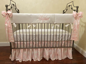 Pink Toile Crib Bedding, Girl Baby Bedding, Crib Rail Cover, Gathered Crib Skirt