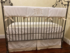 White with Natural Linen Baby Bedding - Baby Boy Crib Bedding, Crib Rail Cover