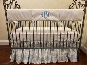 Blue Toile Crib Bedding, Boy Baby Bedding, Crib Rail Cover, Gathered Crib Skirt