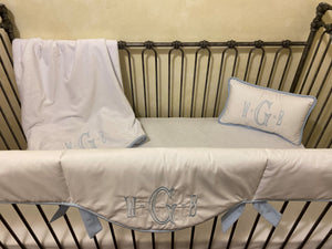 Baby Boy Crib Bedding, White with Pale Blue Baby Bedding, Crib Rail Cover