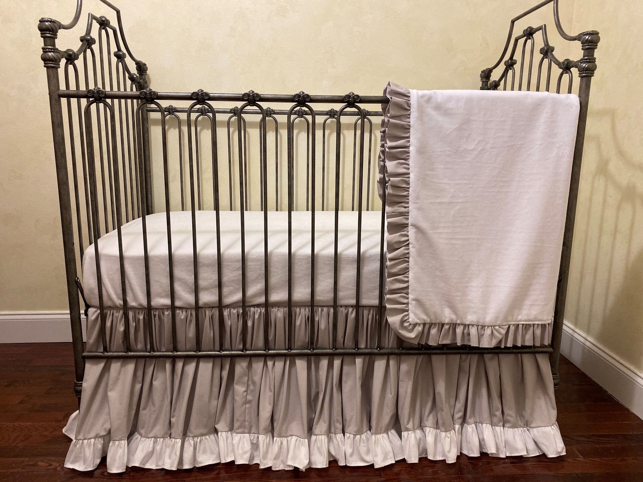 Gray and White Girl Baby Bedding - Girl Crib Bedding, Crib Rail Cover, Ruffled Crib Skirt