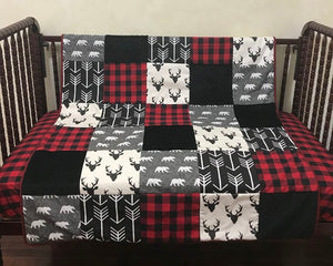 Black Buck and Gray Bears with Red and Black Plaid Woodland Nursery Patchwork Baby Blanket