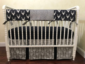 Navy and Gray Deer Baby Bedding Set Sutton- Navy Buck with Gray Crib Bedding, Baby Boy Bedding, Crib Rail Cover