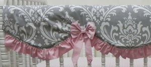 Girl Baby Bedding Set - Girl Crib Bedding, Crib Rail Cover, Gray Damask and Pink
