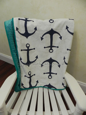 Navy Anchors and Teal  Baby Blanket