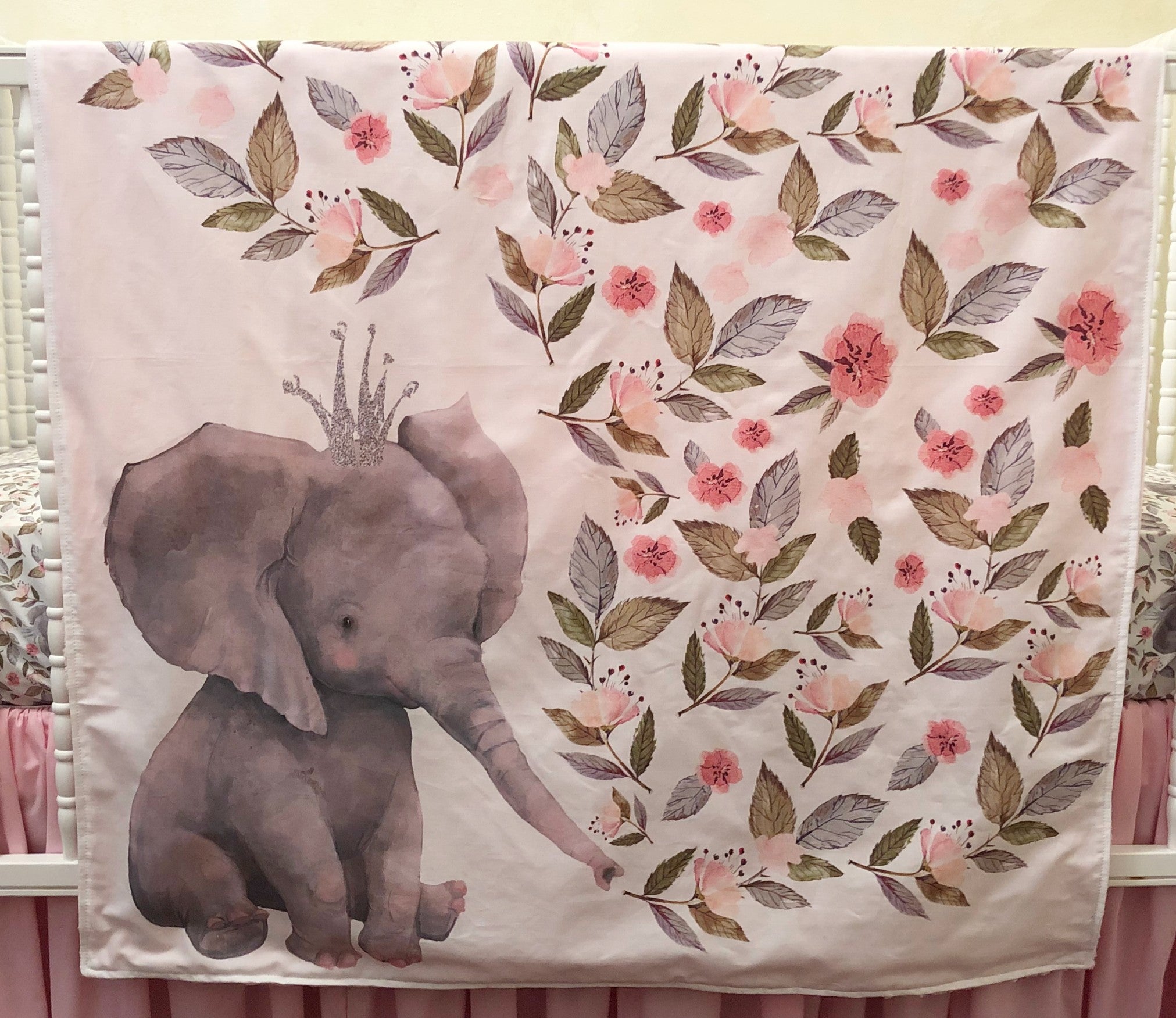 Baby Girl Floral Elephant Crib Bedding- Girl Elephant Baby Bedding in Light Pink and Gray