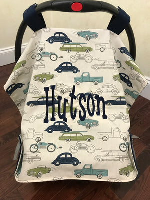Car Seat Cover - Vintage Cars and Trucks with Navy