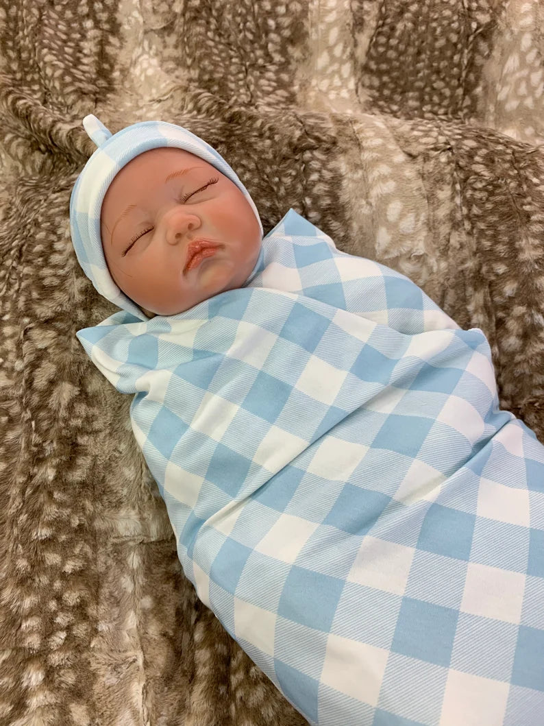 Light Blue Buffalo Check Infant Swaddle Blanket