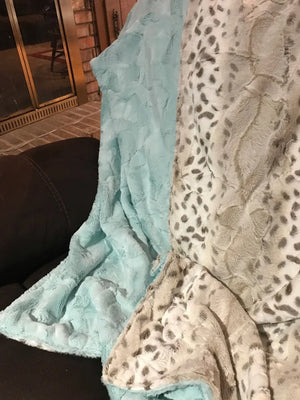 Minky Adult Blanket, Luxe Artic Lynx and Luxe Aqua Minky, Teen Blanket, Dorm Blanket
