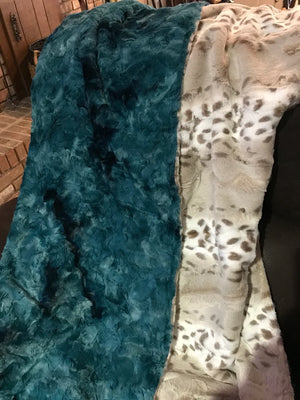 Minky Adult Blanket, Luxe Artic Lynx and Teal Luxe Minky,Teen Blanket, Dorm Blanket