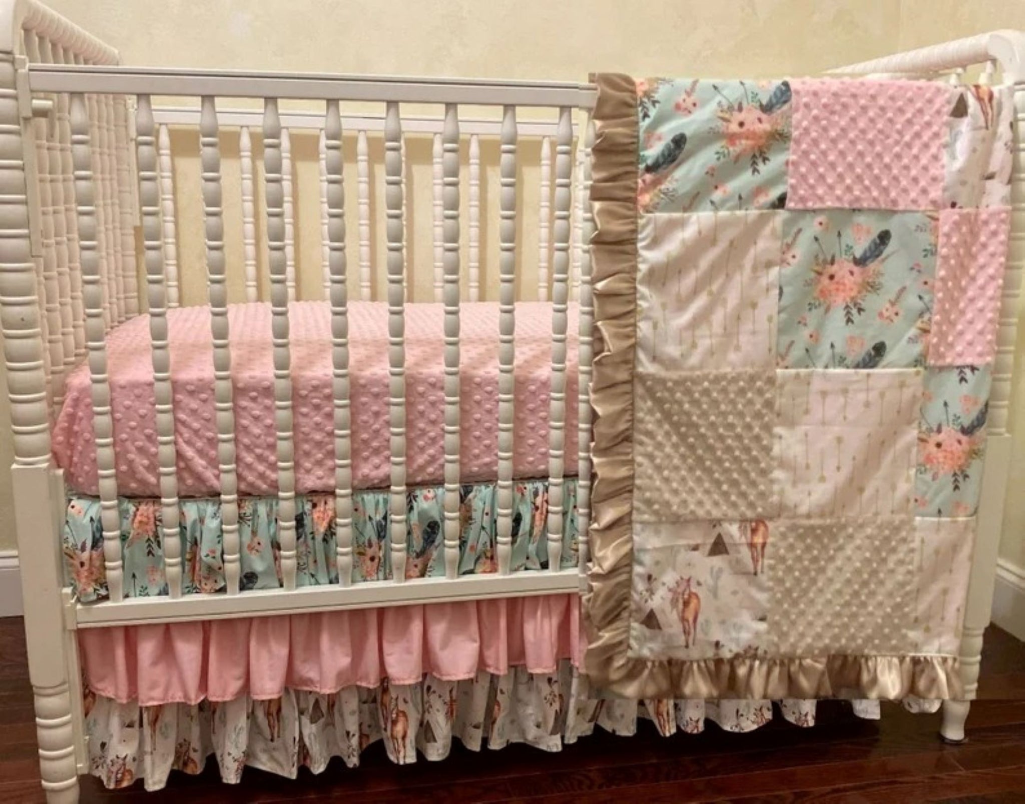 Boho Floral Horse Baby Bedding, Girl Horse Crib Bedding in Light Pink and Taupe