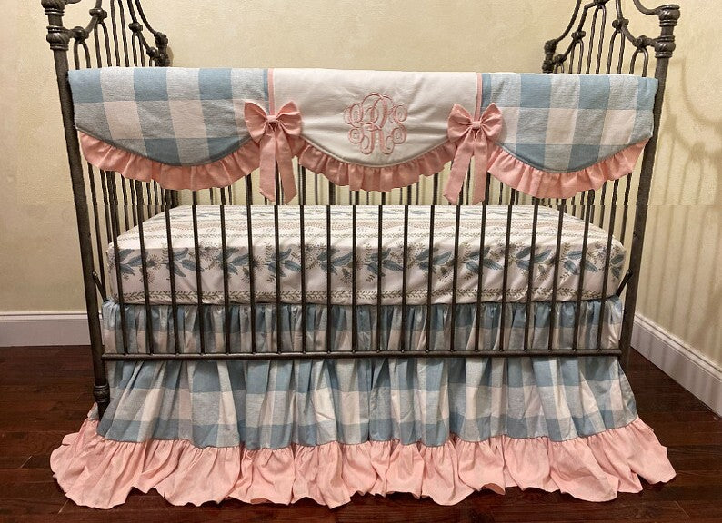 Blue Plaid with Pink Linen Baby Girl Crib Bedding, Buffalo Check Girl Baby Bedding, Crib Rail Cover