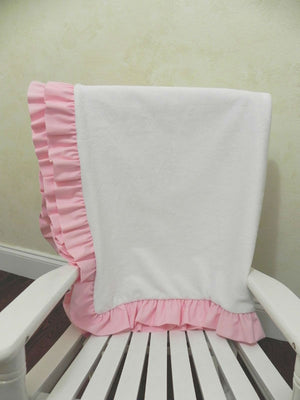 White Smooth Minky and Light Pink Baby Blanket with Ruffle