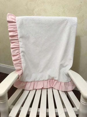 White Smooth Minky and Pale Pink Baby Blanket with Ruffle