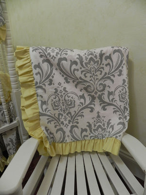 Gray Damask with Light Yellow Baby Blanket with Ruffle