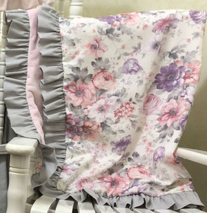 Baby Girl Pink, Lavender, and Gray Floral Crib Bedding, Vintage Floral Baby Bedding, Girl Crib Bedding, Crib Rail Cover Set