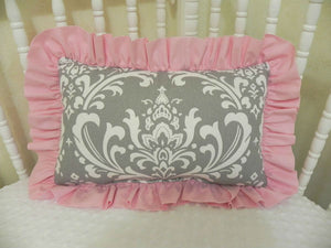 Gray Damask and Pink Baby Girl Crib Bedding - Crib Rail Cover, Gathered Crib Skirt with Ruffle