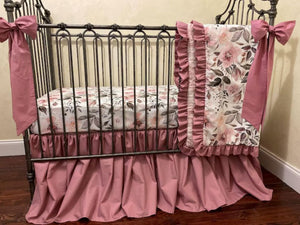 Dusty Rose, Mauve Floral Crib Bedding, Girl Baby Bedding, Crib Rail Cover